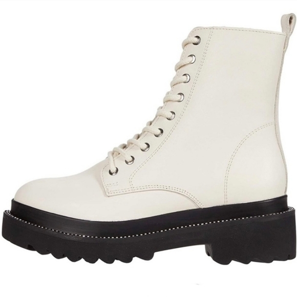 Edgy Chic Steve Madden Rhinestone Embellished Bone Leather Combat Boots - Picture 4 of 7